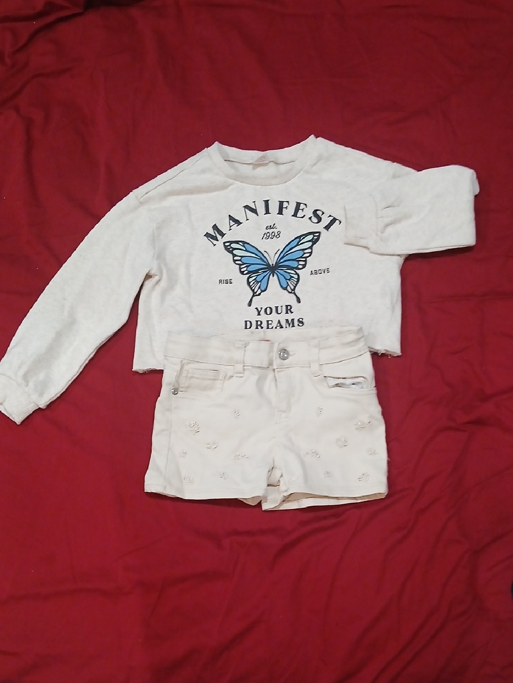 fabkids Cream Long-Sleeve Button-Style Top with Blue Butterfly